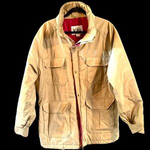 VTG Woolrich Men’s XL Parka Jacket Beige Tan Red Satin Lining